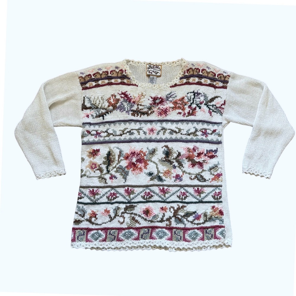 Vintage 90s Floral Knitted Sweater Sz‎ S Oversized Grannycore Cottagecore